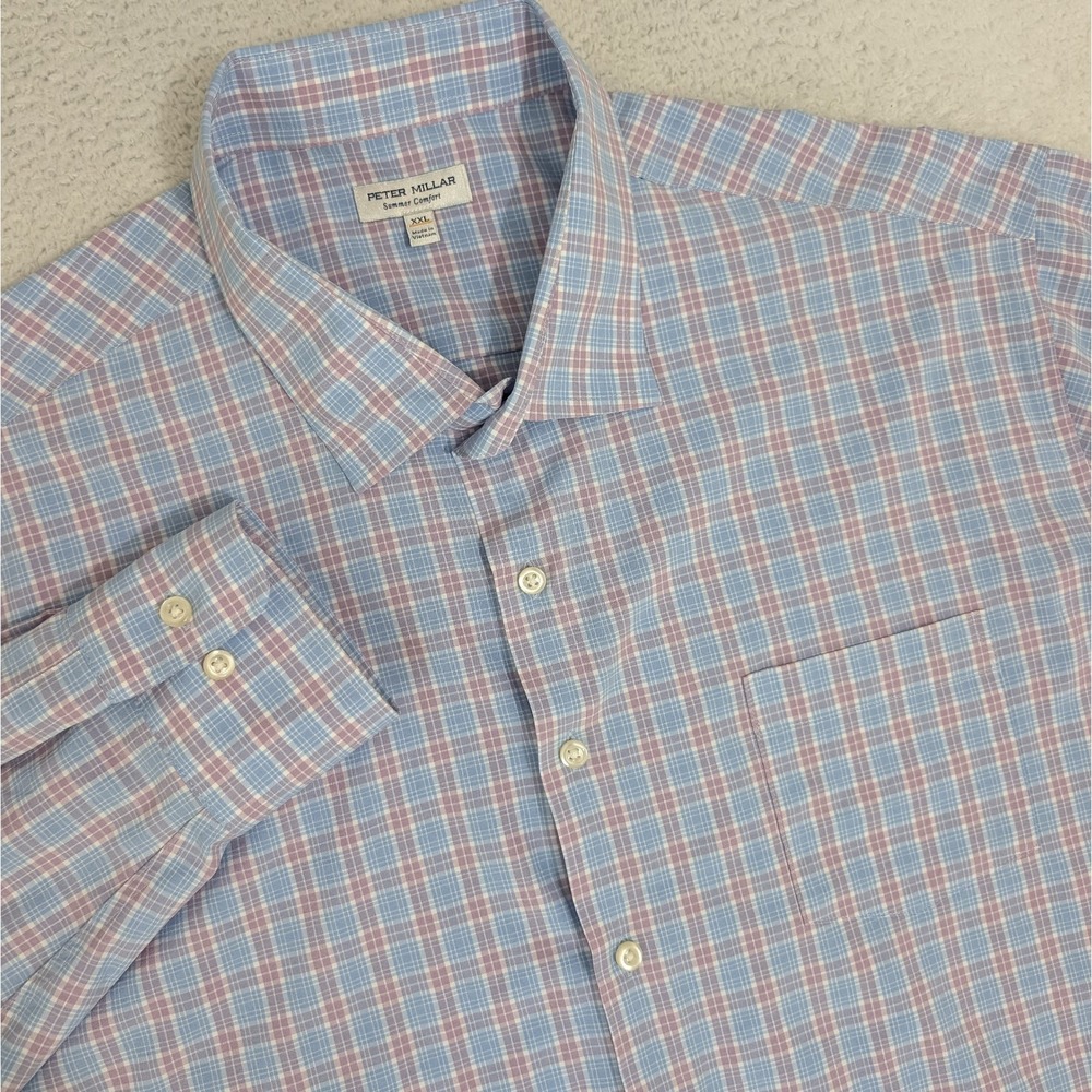 Peter Millar Summer Comfort Performance Shirt Mens 2XL Blue Pink Plaid Button Up